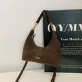 Dark brown suede crescent underarm bag with elegant gold hardware and adjustable strap - Brown No Pendant