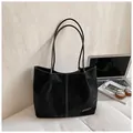 Large black tote bag with white contrast stitching and slim shoulder straps for women - Black without Pendant
