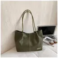 Olive green leather tote bag with vertical stitching for women's office commute - Green Without Pendant