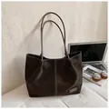 Dark brown large tote bag in suede finish with white contrast stitching for commute - Coffee without Pendant