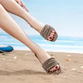 Bohemian dark brown flat sandals with rhinestone straps for women's summer beach wear - EU 36 / Khaki