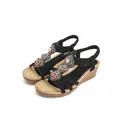 Bohemian black wedge sandals with colorful bead embroidery and wood grain sole texture - EU 35 / Black
