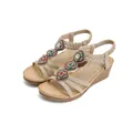 Behemian apricot wedge sandals with colorful beads, rhinestones and elastic heel strap - EU 35 / Apricot