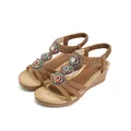 Brown bohemian wedge sandals with colorful bead decorations and elastic heel strap - EU 35 / Camel