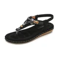 Women's black Bohemian flat sandals with sparkling rhinestones and wooden beads decor - EU 36 / Black