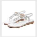 Detail shot of silver flat sandals with crystal rhinestone flower patterns on T-strap - EU 35 / Silver