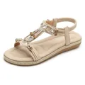 Women's boho flat sandals with sparkling rhinestones, brown beads and elastic heel strap - EU 35 / Apricot