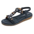 Women's navy blue bohemian T-strap flat sandals with rhinestones and wooden beads - EU 35 / Navy Blue