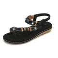 Bohemian black flat sandals for women featuring vintage beads and sparkling rhinestones - EU 36 / Black