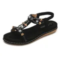 Black bohemian flat sandals for women featuring vintage beads and sparkling rhinestones - EU 35 / Black