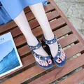 Navy blue bohemian flat sandals with sparkling rhinestones and gold beaded details - EU 36 / Blue