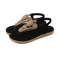 Bohemian women flat thong sandals in black with beaded metal discs and elastic strap - EU 35 / Black