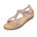 Bohemian rose gold flat sandals with sparkling rhinestones and elastic heel strap for women - EU 36 / Champagne