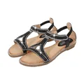 Women black flat bohemian sandals featuring sparkling rhinestones and elastic heel strap - EU 36 / Black