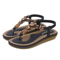 Bohemian T-strap flat sandals for women featuring wood beads and sunflower rhinestone accents - EU 36 / Dark Blue