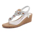 Sandalias bohemias de cuña plateadas para mujer con flores de cristal y tira elástica - EU 36 / Plateado