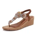 Sandalias de cuña bohemias para mujer con flores de pedrería y correa elástica trasera - EU 36 / Bronce antiguo