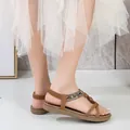 Brown bohemian flat sandals for women with colorful beads and elastic ankle straps - EU 35 / Camel