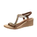 Women's wedge sandals with bronze metallic straps, sparkling rhinestones, and T-strap design - EU 35 / Dark Brown
