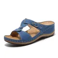 Detail showing the blue T-strap wedge sandal with metal buckle and breathable sole texture - EU 36 / Navy Blue