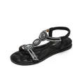 Bohemian black flat sandals with sparkling rhinestones and grey gems on T-strap - EU 35 / Black