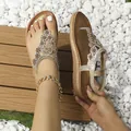 Details flache Bohème Sandalen mit glitzernden Strass-Sonnenblumen und elastischer Ferse - Gold