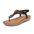 Sandales bohèmes à semelle compensée avec perles colorées et design bride en T beige - Noir