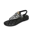 Bohemian black T-strap flat sandals with sparkling rhinestones and grey gemstones decor - EU 35 / Black