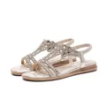 Champagne gold bohemian flat sandals with sparkling rhinestone floral T-strap design - Rose Gold