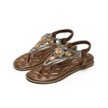 Women's T-strap rhinestone flat sandals in bronze with elastic back strap and boho design - EU 35 / Bronze