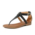 Elegant black T-strap flat Roman sandals with Bohemian snake texture and ankle buckle - EU 36 / Black