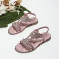 Pink rhinestone flat sandals with bohemian flower decor and elastic heel strap - Bright Pink