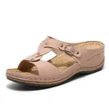 Pink rhinestone wedge sandals with T-strap design and breathable perforated inner sole - EU 36 / Pink
