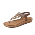 Bohemian flat thong sandals in tan with sparkling rhinestones and floral metal accents - 36 / Bronze