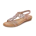 Rose gold Bohemian flat sandals with sparkling pink flower crystal rhinestones - EU 36 / Champagne