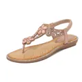 Rose gold boho T-strap sandals with pink rhinestone flowers and sparkling flat soles - 42 / Champagne