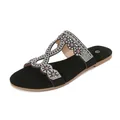 Bohemian black flat sandals with sparkling rhinestones and purple beads decoration - 36 / Black