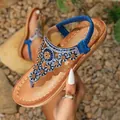 Böhmische flache Damen-Sandalen mit blauen Strasssteinen und Sonnenblumen-Perlen - Blau
