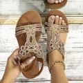 Bohemian brown flat sandals with intricate gold rhinestones and elastic heel strap - Nubuck Camel