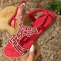 Red Bohemian flat sandals with sparkling rhinestones and comfortable elastic heel strap - Brick Red