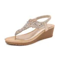 Sandales bohèmes compensées pour femmes avec strass champagne et semelles plateforme aspect bois - 36 / Or