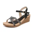 Women's bohemian wedge sandals with sparkling rhinestone bow and wood texture heel - EU 36 / Black