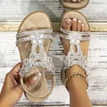 Bohemian apricot flat sandals for women featuring sparkling rhinestones and elastic straps - Nubuck Apricot