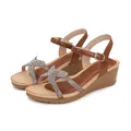 Brown bohemian wedge sandals for women with rhinestone butterfly detail and wood grain sole - EU 36 / Camel