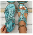 Turquoise Bohemian flat sandals with sparkling rhinestone floral patterns and elastic straps - Light Blue
