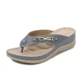 Women's blue wedge thong sandals with metal chain buckle and laser-cut details - EU 36 / Aqua