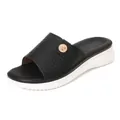 Bohemian wedge sandals for women featuring black quilted straps and gold flower buckles - Black