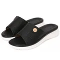 Women's bohemian wedge sandals in black with geometric texture and gold floral buckle - EU 36 / Black