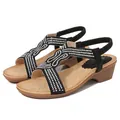 Bohemian black wedge sandals for women with sparkling rhinestone straps and wood grain sole - EU 36 / Black