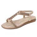 Bohemian flat sandals for women with champagne gold T-strap and rhinestone details - EU 35 / Rose Gold